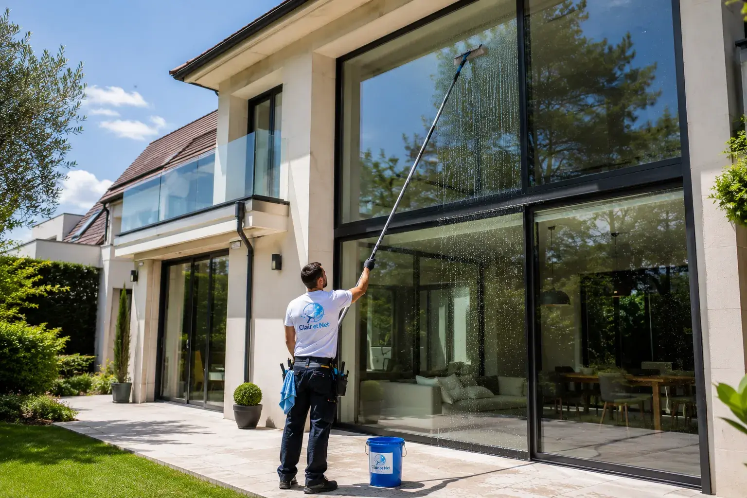 Nettoyage des baies vitrées d'une villa contemporaine